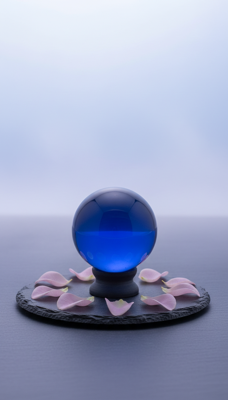 An elegant arrangement of a deep sapphire blue crystal sphere resting on a smooth slate pedestal, surrounded by delicate pink rose petals placed with minimalist precision. The background is a subtle gradient from pale blue to misty lavender, evoking an ethereal atmosphere. Soft, diffused natural light from the right casts gentle highlights on the crystal’s glossy surface and subtle shadows from the petals. The composition is centered and balanced, with refined, minimalist elegance and sharp focus on the sphere, creating a sophisticated and tranquil mood. The photographic realism and muted palette perfectly match the sophisticated, spiritual store theme.