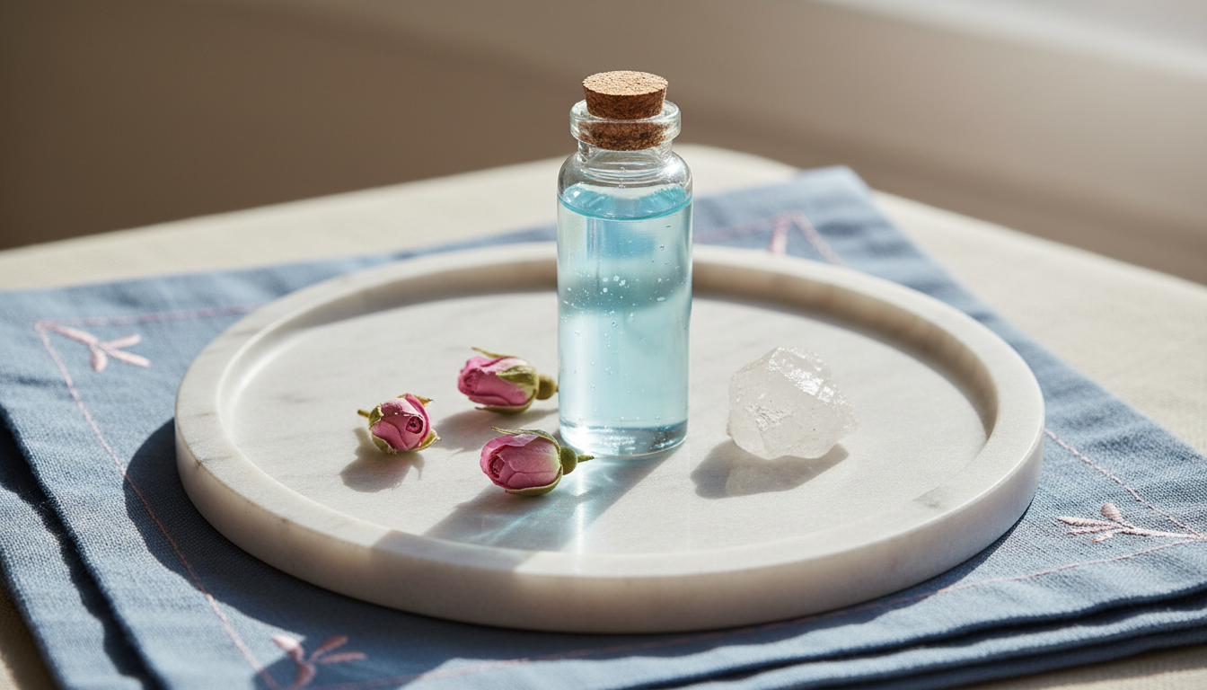 A subtly illuminated glass vial containing shimmering, light blue essential oil, elegantly displayed on a marble tray. Scattered around the vial are three small, carefully placed pink rosebuds and a translucent quartz crystal. The marble tray sits atop a minimalist blue linen cloth with subtle pink embroidery visible at the edges. The scene is softly lit with morning ambient light from above, creating gentle highlights and casting diffused, delicate shadows. Photographed at a slightly elevated angle, the composition is balanced and understated, embodying serenity and the refined aesthetic suited to a modern spiritual storefront.