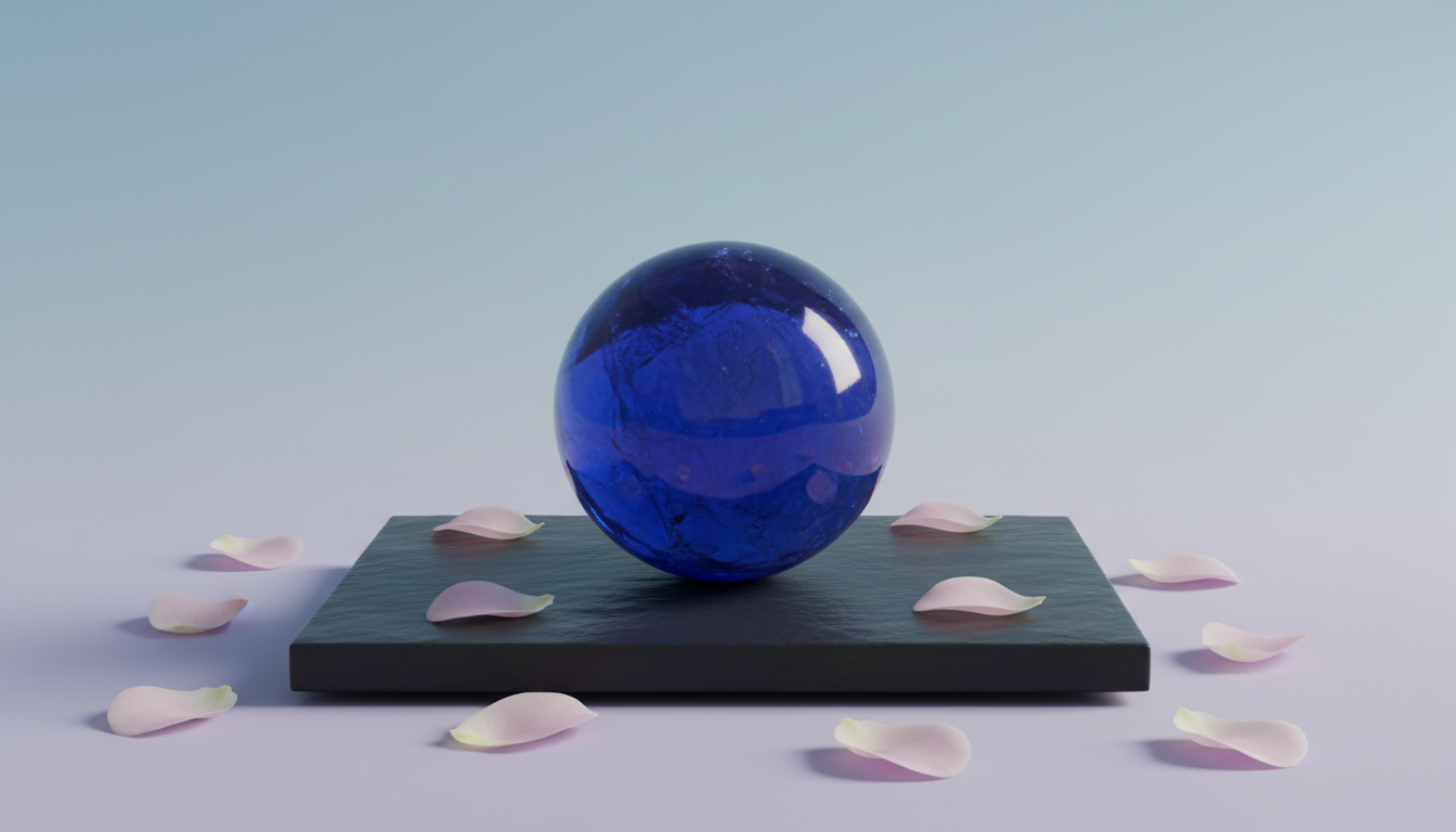 An elegant arrangement of a deep sapphire blue crystal sphere resting on a smooth slate pedestal, surrounded by delicate pink rose petals placed with minimalist precision. The background is a subtle gradient from pale blue to misty lavender, evoking an ethereal atmosphere. Soft, diffused natural light from the right casts gentle highlights on the crystal’s glossy surface and subtle shadows from the petals. The composition is centered and balanced, with refined, minimalist elegance and sharp focus on the sphere, creating a sophisticated and tranquil mood. The photographic realism and muted palette perfectly match the sophisticated, spiritual store theme.