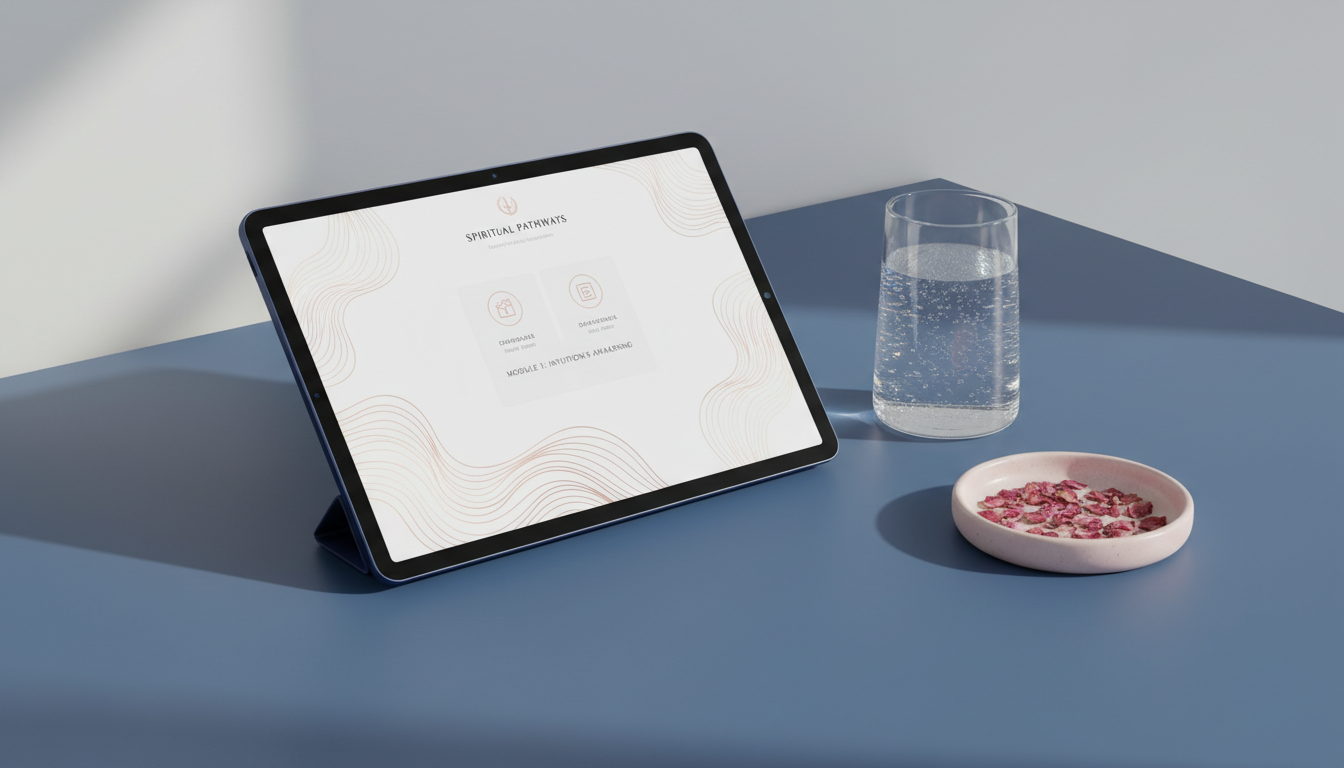 A chic, modern digital device setup depicting a sleek navy blue tablet displaying an online course interface with subtle rose gold accents. The tablet rests on an uncluttered matte blue desk, accompanied by a glass of sparkling water and a petite, ceramic dish of pink rose petals. The lighting is soft studio light, diffusing gently from behind and left, producing minimal reflections and shadowplay. The camera captures the scene at a professional, slightly angled side view, focusing on clarity and clean lines. This arrangement communicates sophistication, technological simplicity, and a welcoming, minimalist vibe, ideal for a contemporary spiritual mentorship site.