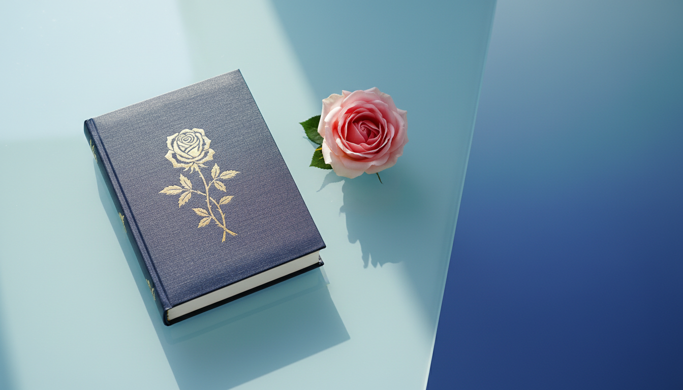 A refined, minimalist desktop scene featuring an open, beautifully-bound midnight blue journal with a gold-embossed rose motif on the cover, set on a pale blue glass surface. Next to the journal lies a single, fully-bloomed pink rose. Subtle window light falls from the left, creating soft highlights on the journal’s textures and gentle, elongated shadows. The background fades into an elegant, unfocused blue gradient, enhancing calm and focus. Captured from an overhead perspective, the composition uses intentional negative space, evoking clarity, intention, and quiet sophistication in a photographic, minimalist style.