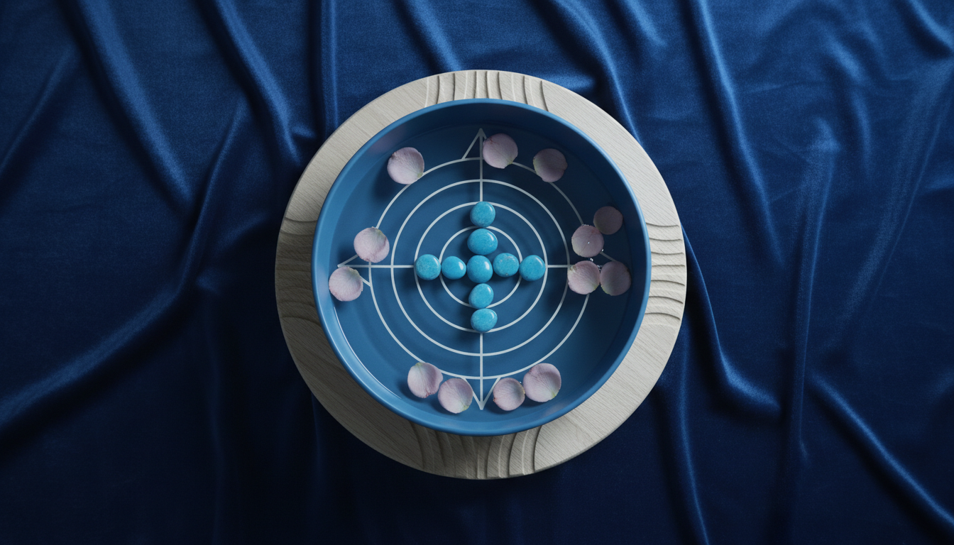 A sophisticated altar scene featuring a matte blue ceramic bowl filled with water, with pink rose petals and floating blue stones arranged in harmonious symmetry. The bowl is placed on a pale wooden platform with minimalist carved patterns, set before a soft, velvety blue backdrop. The lighting is gentle, cool-toned, and ambient, enveloping the objects in a calm, quiet glow and casting soft, gradual shadows. Captured from a direct overhead vantage, the serene composition emphasizes purity, balance, and elegance, embodying the essence of spiritual clarity and healing in a photorealistic, refined style.